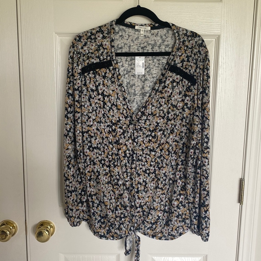COPY - Womens XXL Maurices top NWT. Black floral with tie detail at bottom.